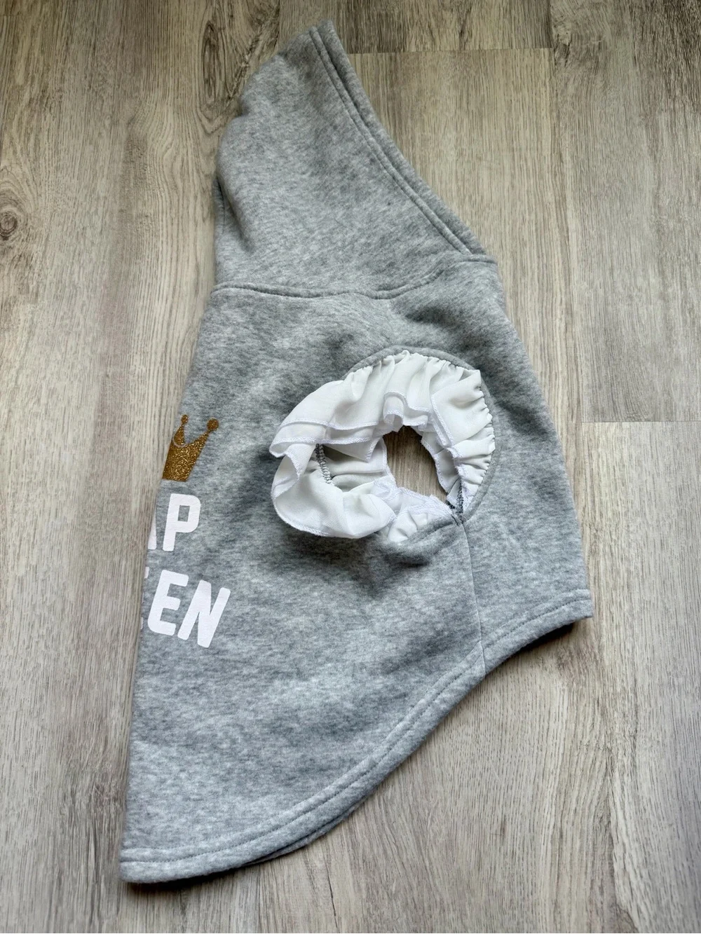 Nap Queen - Grey Hooded Pet/Dog Top Shirt w/ Gold Crown & White details - Small